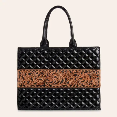 Darling American  Black Quilted Leather & Tooled Inlay Handle Tote Bag