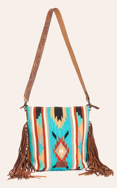 Darling American  Colorful Blanket Fringed Crossbody In Blue