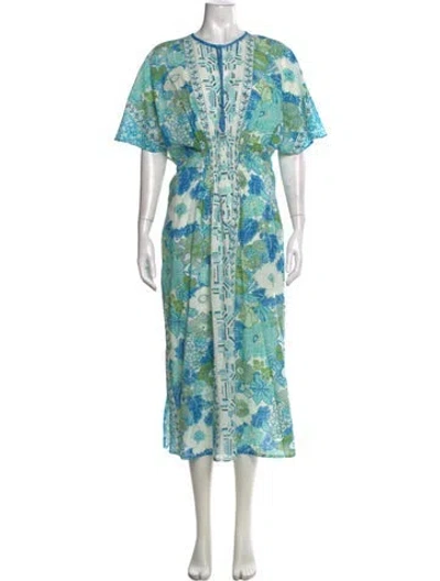 Pre-owned D'ascoli Floral Print Long Dress In Blue