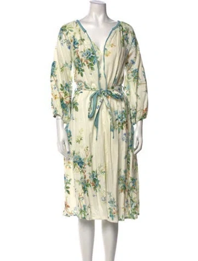 Pre-owned D'ascoli Floral Print Midi Length Dress In White