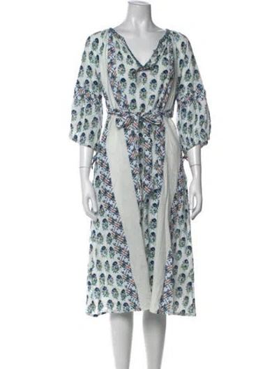 Pre-owned D'ascoli Floral Print Midi Length Dress In White