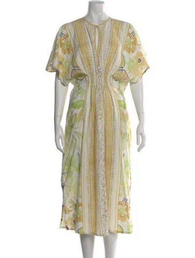 Pre-owned D'ascoli Floral Print Midi Length Dress In Yellow