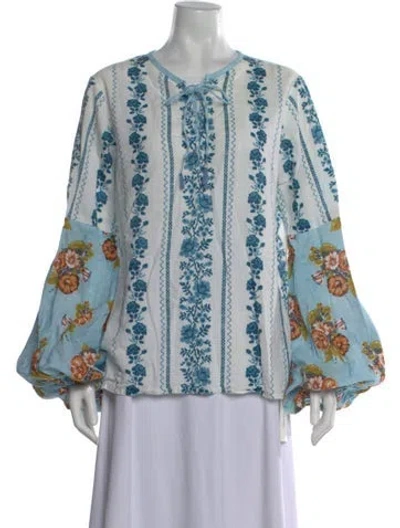 Pre-owned D'ascoli Floral Print Tie Neck Blouse In Blue
