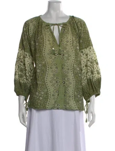 Pre-owned D'ascoli Floral Print Tie Neck Blouse In Green