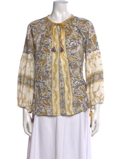 Pre-owned D'ascoli Floral Print Tie Neck Blouse In Neutral