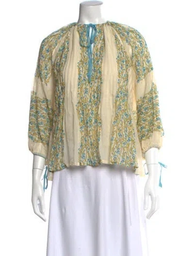 Pre-owned D'ascoli Floral Print Tie Neck Blouse In Neutrals