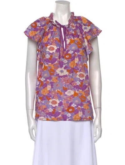 Pre-owned D'ascoli Floral Print Tie Neck Blouse In Purple