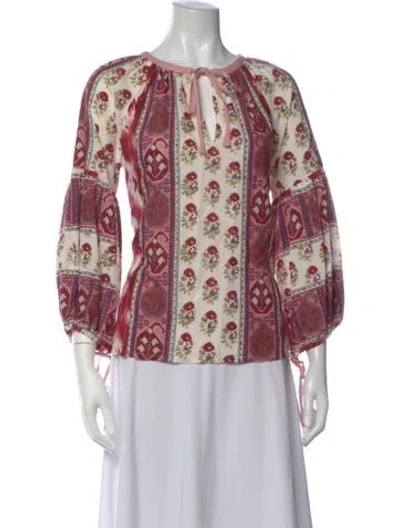 Pre-owned D'ascoli Floral Print Tie Neck Blouse In Red