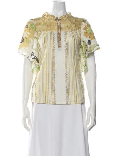 Pre-owned D'ascoli Patterned Short Sleeve Blouse In Yellow