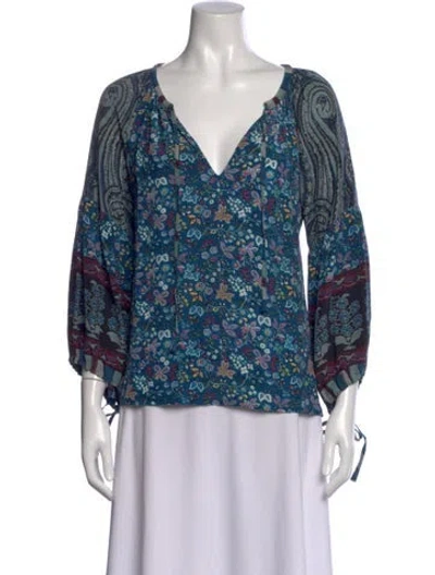 Pre-owned D'ascoli Silk Floral Print Blouse In Blue