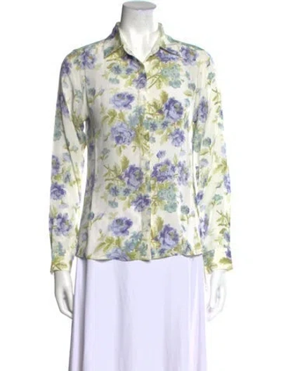 Pre-owned D'ascoli Silk Floral Print Button-up Top In White