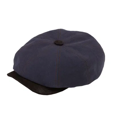Dasmarca Hats Men's Blue Lucca Indigo Linen Peaky Bakerboy Newsboy Summer Cap With Leather Peak
