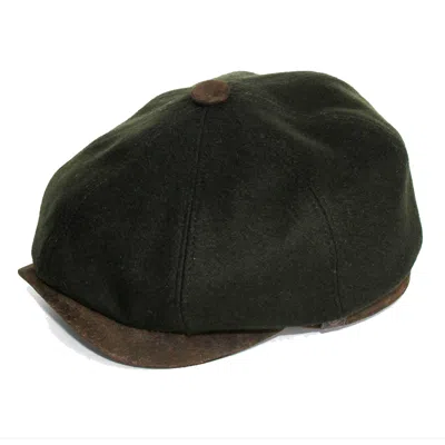 Dasmarca Hats Men's Green Eden Olive Wool Newsboy Bakerboy Peaky Cap With Leather Visor Peak