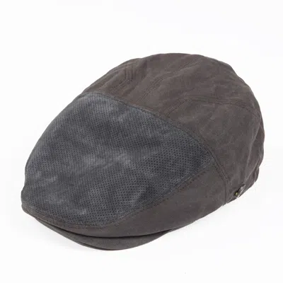 Dasmarca Hats Men's Grey / Black Jamie Slate Waxed Cotton With Perforated Leather Flat Cap In Grey/black