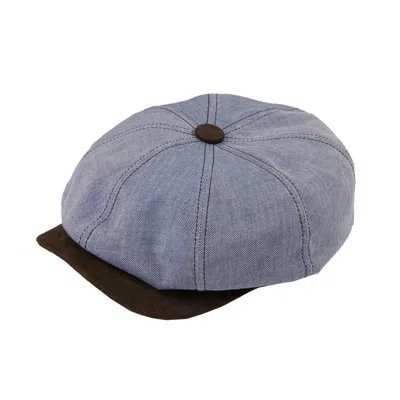 Dasmarca Hats Men's Hugo Azure Blue Linen Herringbone Peaky Bakerboy Newsboy Summer Cap With Leather Peak