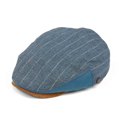 Dasmarca Hats Men's Jude Blue Fine Linen Stripe Summer Flatcap With Leather Peak And Fillet