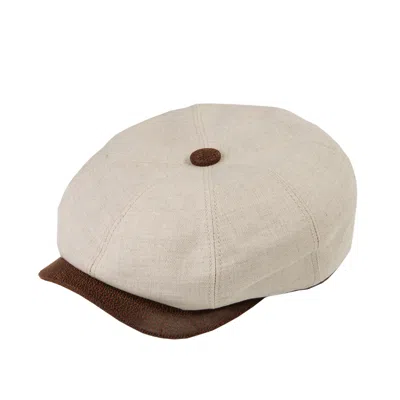 Dasmarca Hats Men's Neutrals Hugo Swan Natural Linen Herringbone Peaky Bakerboy Newsboy Summer Cap With Leather Pe In Black