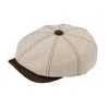 Dasmarca Hats Men's White Lucca Chalk Crape Linen Peaky Bakerboy Newsboy Summer Cap With Leather Peak In White
