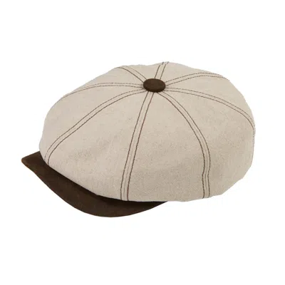 Dasmarca Hats Men's White Lucca Chalk Crape Linen Peaky Bakerboy Newsboy Summer Cap With Leather Peak