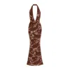 Date Boutique Women's Brown Deep Plunge Sequin Halter Maxi Dress In Brown