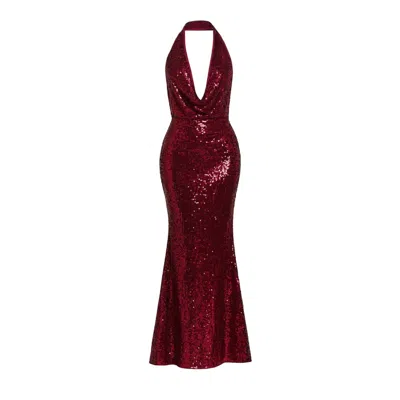 Date Boutique Women's Red Sequin Halter Gown With Back Bow