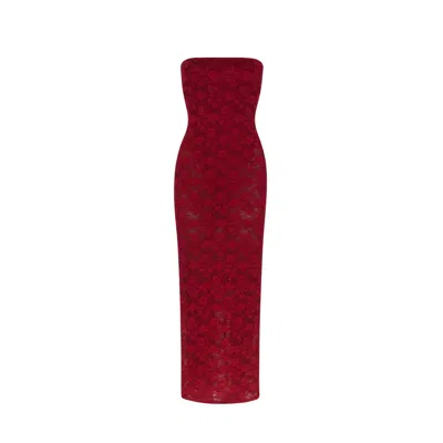 Date Boutique Women's Red Strapless Sheer Burgundy Lace Gown