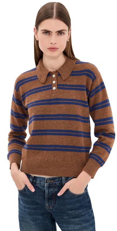 Daughter & The Edie Stripe Polo Shirt Hazelnut W/ Strath Blue Stripe