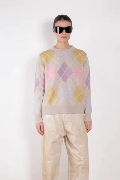 Daughter Argyle Crew Lambswool Sweater In Oatmeal/pink In Multi
