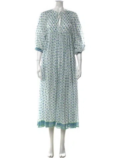 Pre-owned Daughters Of India Floral Print Long Dress In Blue