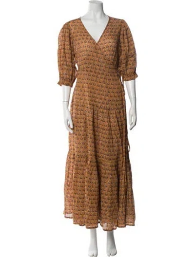 Pre-owned Daughters Of India Floral Print Long Dress In Brown