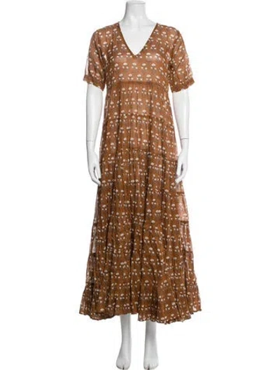 Pre-owned Daughters Of India Floral Print Long Dress In Brown