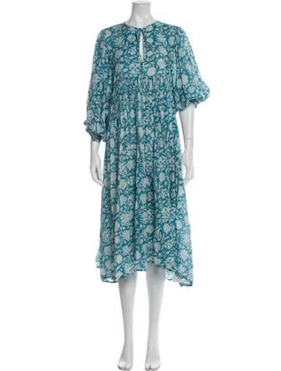 Pre-owned Daughters Of India Floral Print Midi Length Dress In Blue