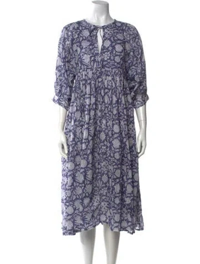Pre-owned Daughters Of India Floral Print Midi Length Dress W/ Tags In Blue