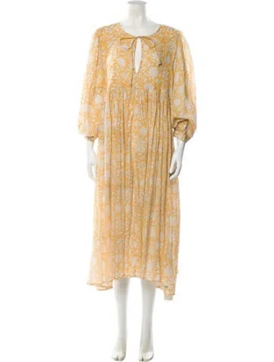 Pre-owned Daughters Of India Floral Print Midi Length Dress W/ Tags In Yellow