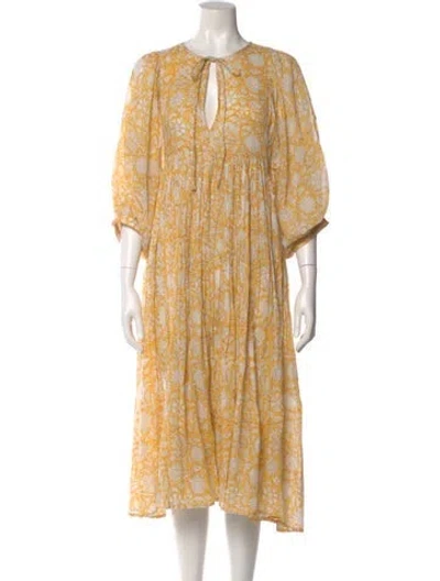 Pre-owned Daughters Of India Floral Print Midi Length Dress In Yellow