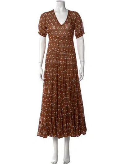 Pre-owned Daughters Of India Printed Long Dress In Brown
