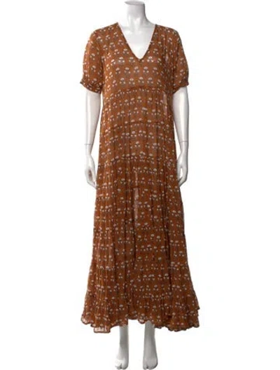 Pre-owned Daughters Of India Printed Long Dress In Brown