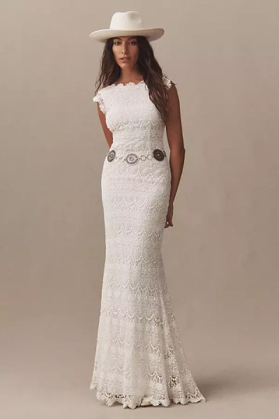 Daughters Of Simone Lilah Cap-sleeve Crochet Lace Wedding Gown In White