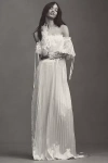 Daughters Of Simone Luca Off-the-shoulder Lace Pleated Satin Wedding Gown