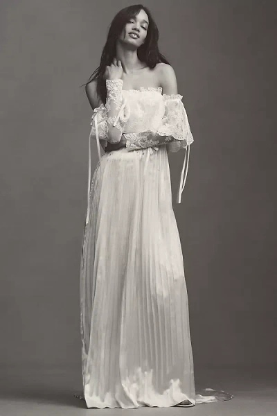 Daughters Of Simone Luca Off-the-shoulder Lace Pleated Satin Wedding Gown