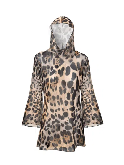 Daughters Of The Sun Swim Women's Black / Brown Amazonia Leopard Hooded Cover-up In Brown/black