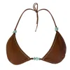 Daughters Of The Sun Swim Women's Brown / Blue Cocos Brown String Tie Bikini Top With Turquoise Stones In Brown/blue