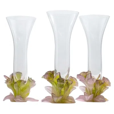 Pre-owned Daum 1 Of The 3  Art Glass Soliflore Vases, Roses Pink Green, France