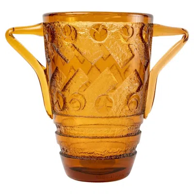 Pre-owned Daum 1930  Nancy - Vase Geometric Art Deco Handled Vase Orange Acid Etched