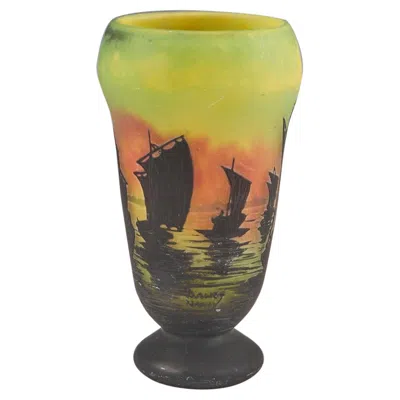 Pre-owned Daum A  Cameo Glass Vase Of Sailboats At Sunset, C1910 In Brown