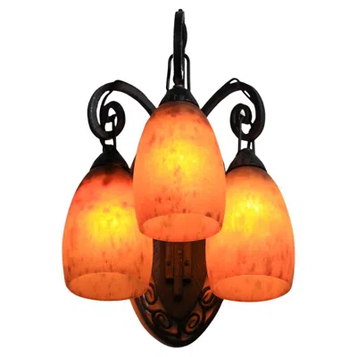 Pre-owned Daum A  Nancy Art Deco Glass 3 Tulips Wall Light In Wrought Iron In Orange