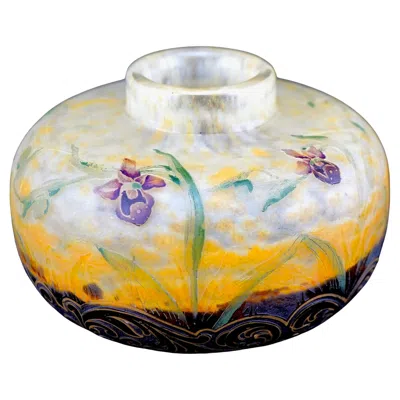 Pre-owned Daum Acid Etched Spiderweb And Enameled Orchid Vase In Purple