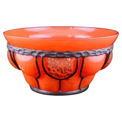 Pre-owned Daum And Majorelle Art Deco Glass Bowl In Wrought Iron Frame In Red