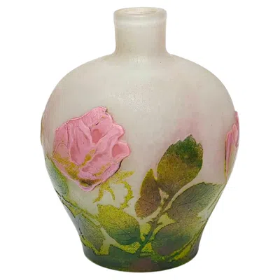 Pre-owned Daum Antique Art Nouveau  Glass Vase With Carved Applied Roses, France, C.1910 In Beige