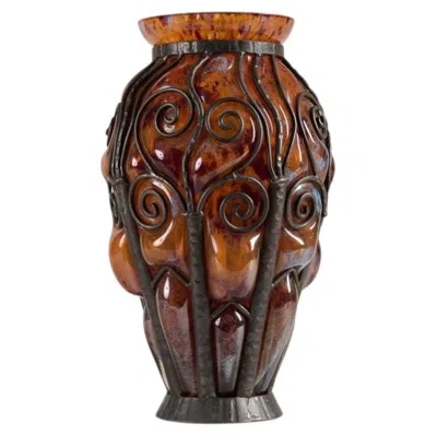 Pre-owned Daum Art Deco Blowout Glass & Wrought Iron Vase In The Manner Of , France, C 1925 In Brown